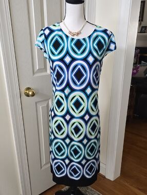 LIZ CLAIBORNE WOMENS BLUE & WHITE SYMMETRICAL SMALL CAP SLEEVES DRESS SIZE LARGE